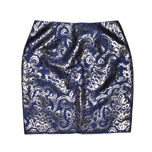 SUNNY LEIGH $68 Blue Silver Metallic Brocade Damask Pencil Skirt Size 10 - Picture 1 of 4